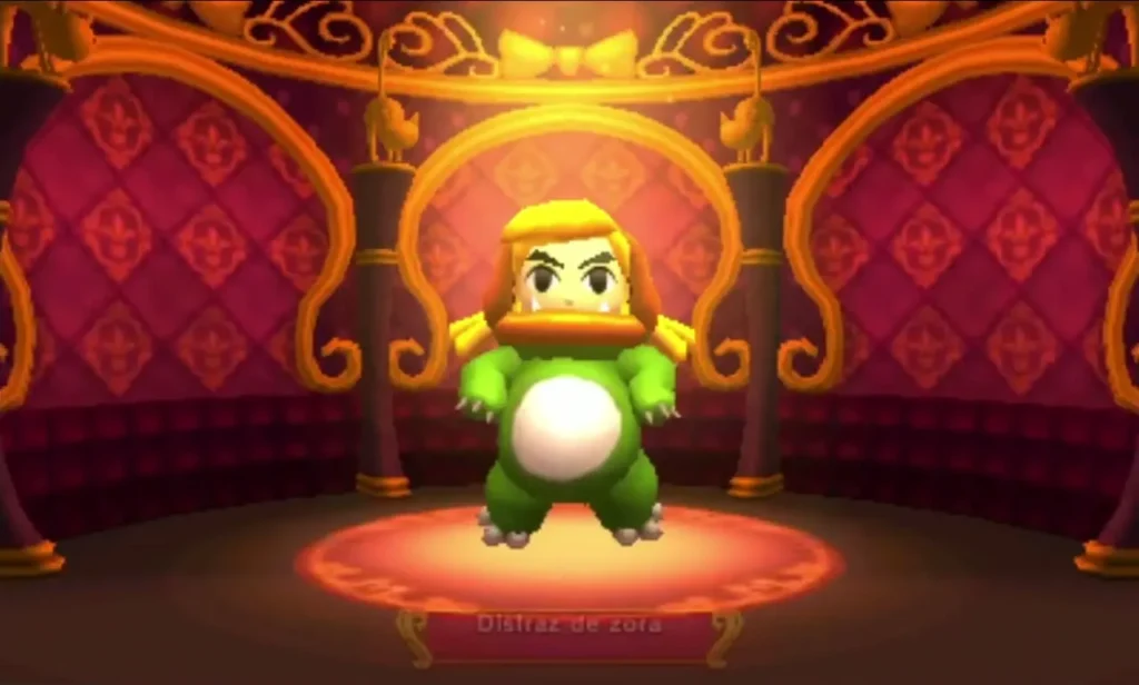 Link in the green Zora Costume with its orange hood stands on a round stage in the tailor shop Link in the green Zora Costume with its orange hood stands on a round stage in the tailor shop