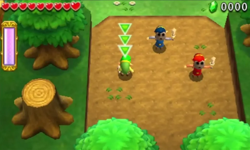 Three Links, red, blue and green, set off along a dirt path in Deku Forest
