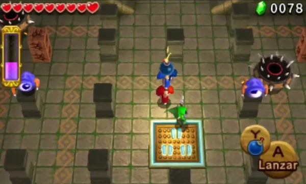 Green Link stands on a glowing floor switch in a Forest Temple room, with the Throw prompt on screen
