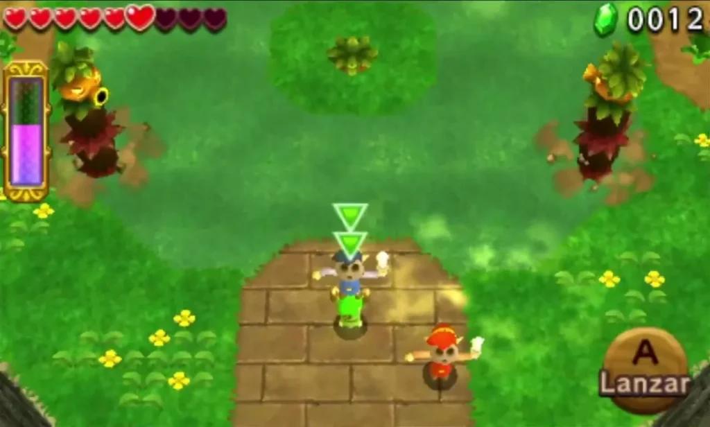 Links stacked in a Totem on a grassy path in the Forest Zone, with arrows marking the top Link