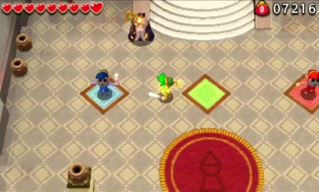 Link stands between two wooden Doppels on colored pads in the Hall of the Doppels