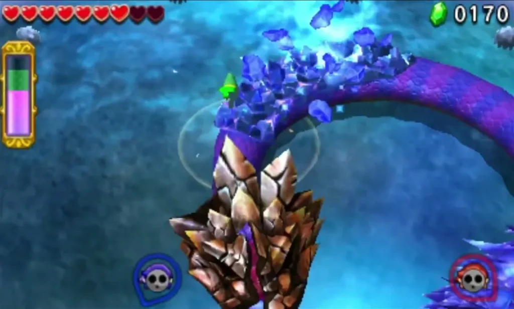 Blizzagia's crystal-studded back curls around the arena beside a Link in the Ice Temple