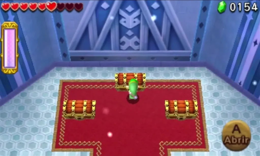 Link beside a chest on the red carpet of the Snowball Ravine ice hall, with the Open prompt showing