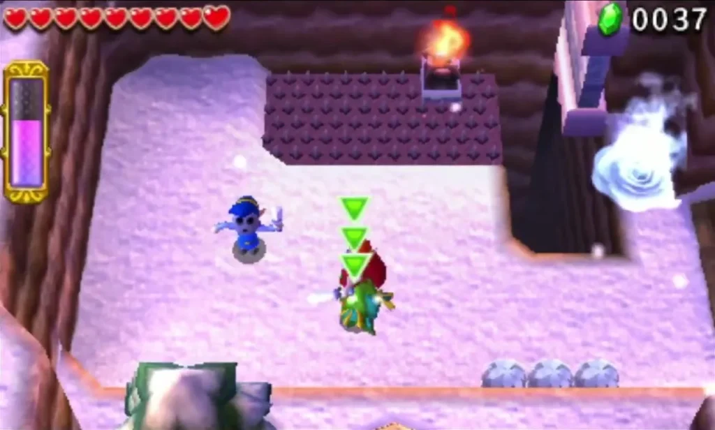 Freezard's icy gust sweeps the snowy path beside an unlit Brazier on the Frozen Plateau