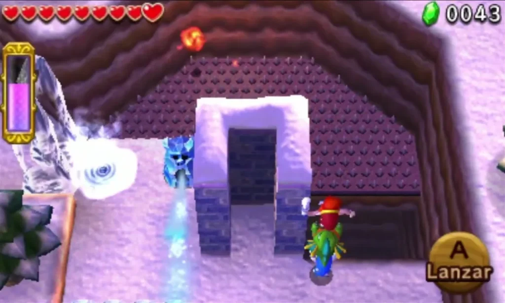 A fireball flies past a Freezard near the stairs on the Frozen Plateau