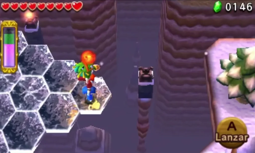 Link on hexagonal ice tiles in a Frozen Plateau stage lit by torches, with icy spikes around