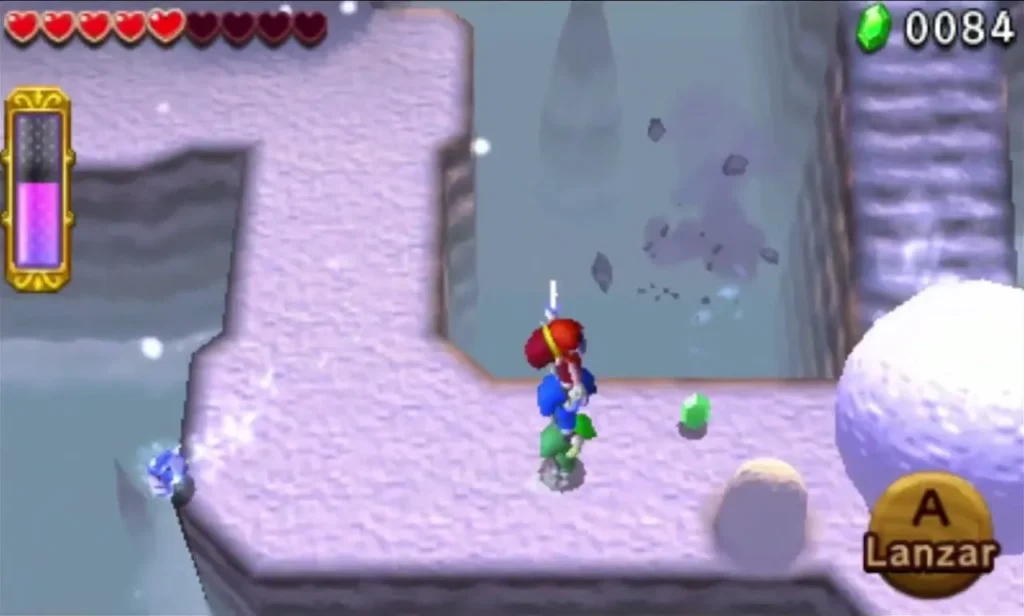 Link on a snowy path with a giant snowball rolling in from the right in Snowball Ravine stage 3