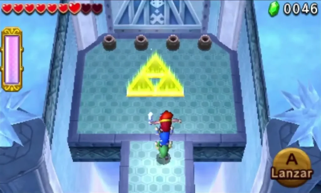 A golden Triforce pad at the end of an Ice Temple hall marks the Gateway