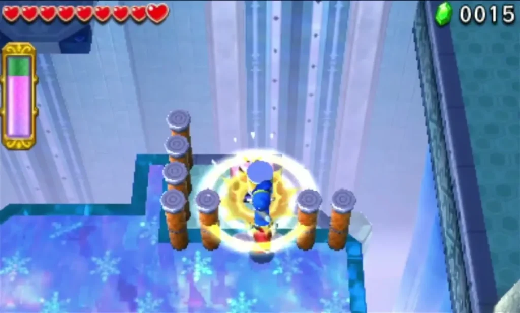 Link stands in a glowing ring of tall stakes on an icy ledge in the Ice Temple