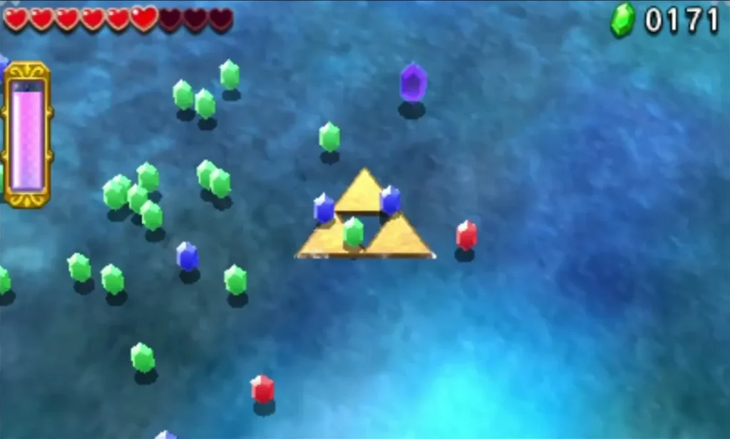 Scattered Rupees surround the golden Triforce pad that opens the way to the chest room