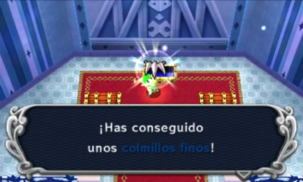 Link holds up Serpent Fangs in the Ice Temple chest room with the item box shown