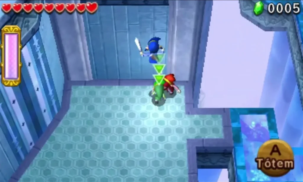 Links stacked into a Totem in a blue-walled Ice Temple hall beside an icy water channel