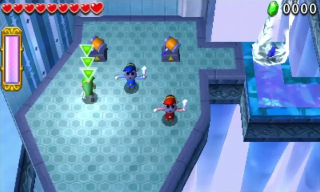 Three Links in an ice-floored room of the Ice Temple, Blizzagia's dungeon