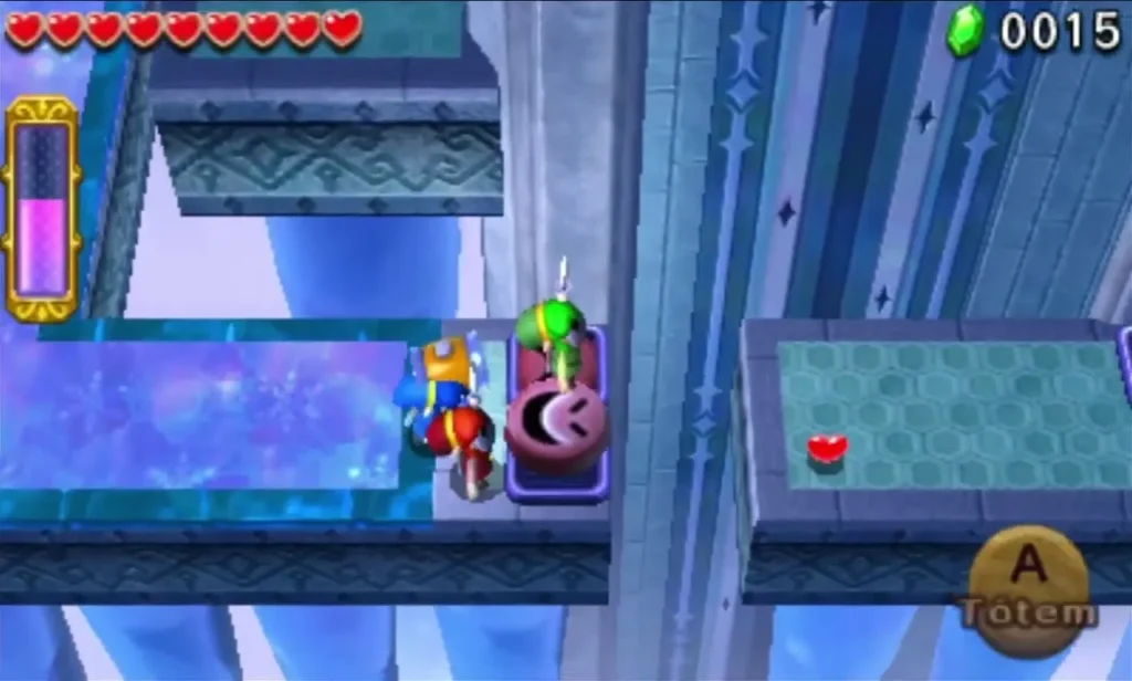 Two Links stacked in a Totem on a pink Mole pad in the Ice Temple