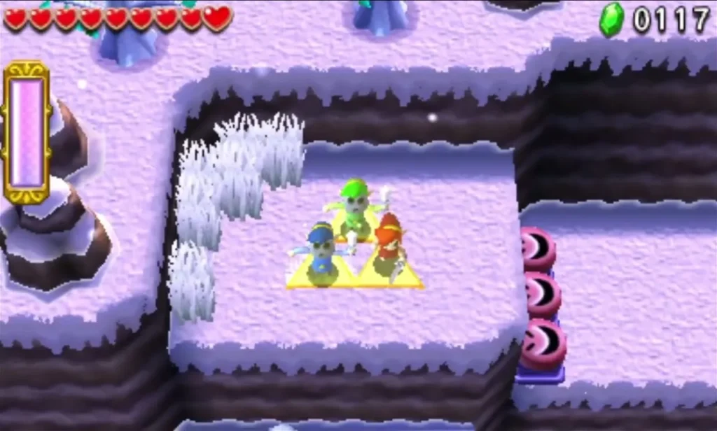 Three Links gather on a glowing yellow platform between Stakes and icy ledges in Silver Shrine