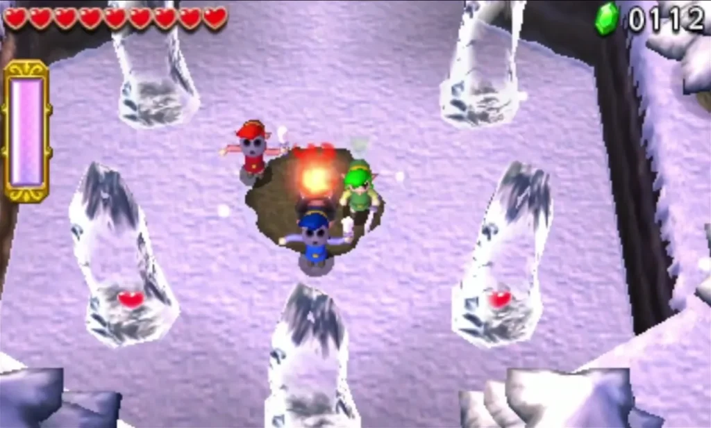 Link at a lit Brazier on the hilltop, with Stalagmites rising around it in Snowball Ravine stage 4