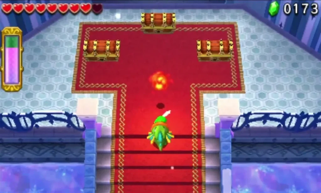 Link in the reward room, its red carpet lined with chests in the Frozen Plateau