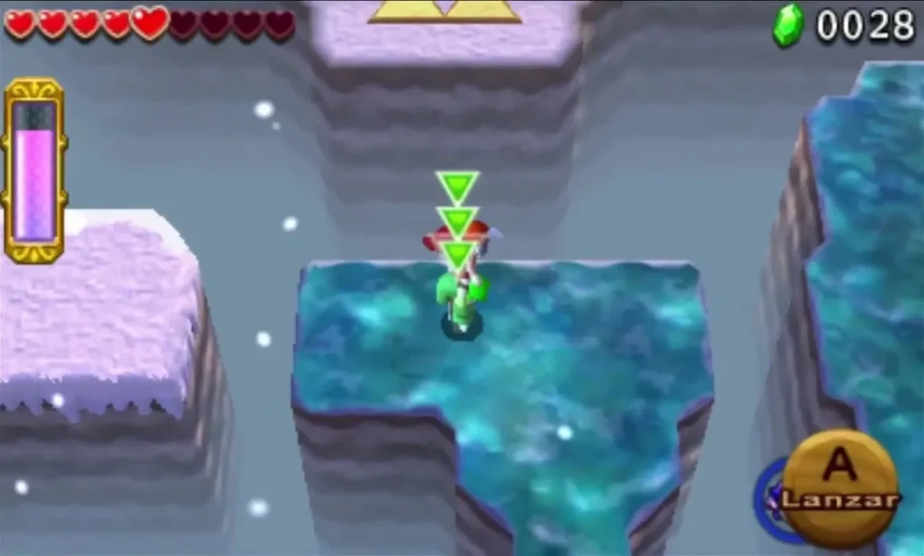Link stacked in a Totem on a teal ice platform rising over the water in Snowball Ravine
