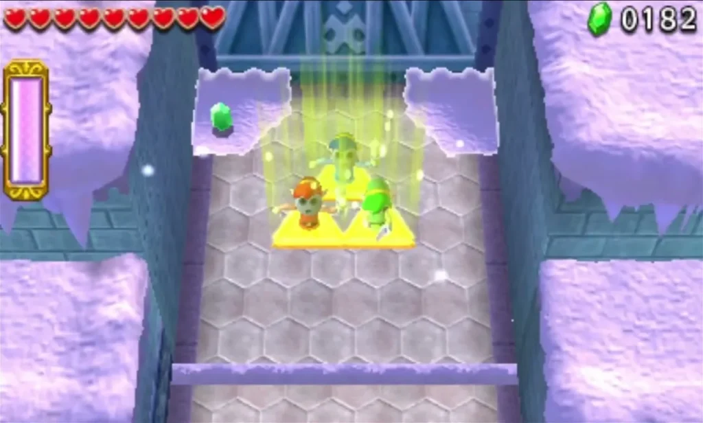 Links stand on a glowing golden pad that opens the way to the Gateway
