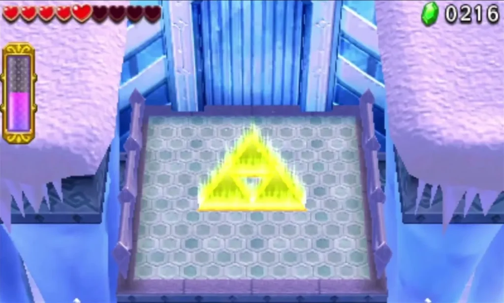 A glowing golden Triforce on a stone pad marks the final Gateway in Silver Shrine