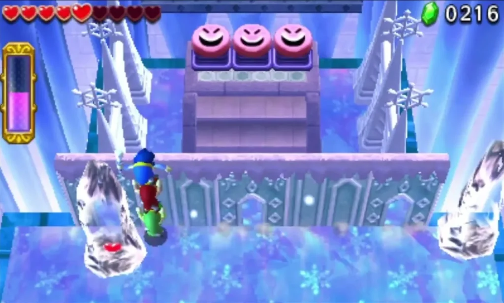 Three pink Moles wait on an icy ledge above a bridge in Silver Shrine stage 4