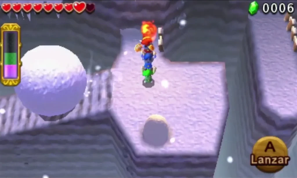 Link with fire on his head beside a rolling Snowball on the frozen stairway in Snowball Ravine
