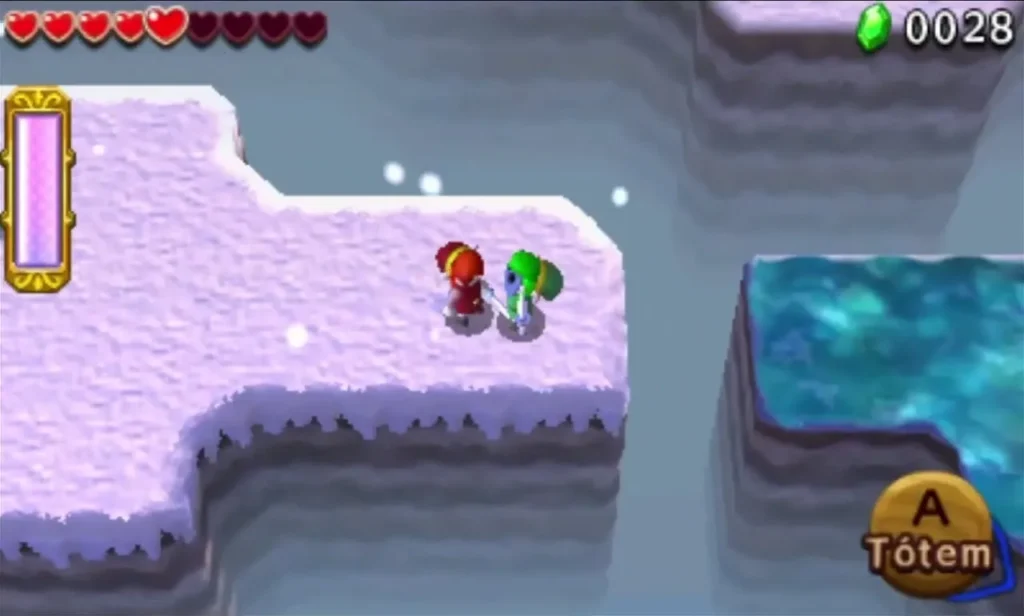 Two Links on a snowy ledge in Snowball Ravine stage 2 beside a rising icy platform
