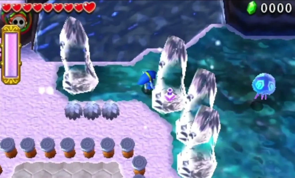 A Squiddy drifts in the teal water beside the icy ledges of Silver Shrine stage 1