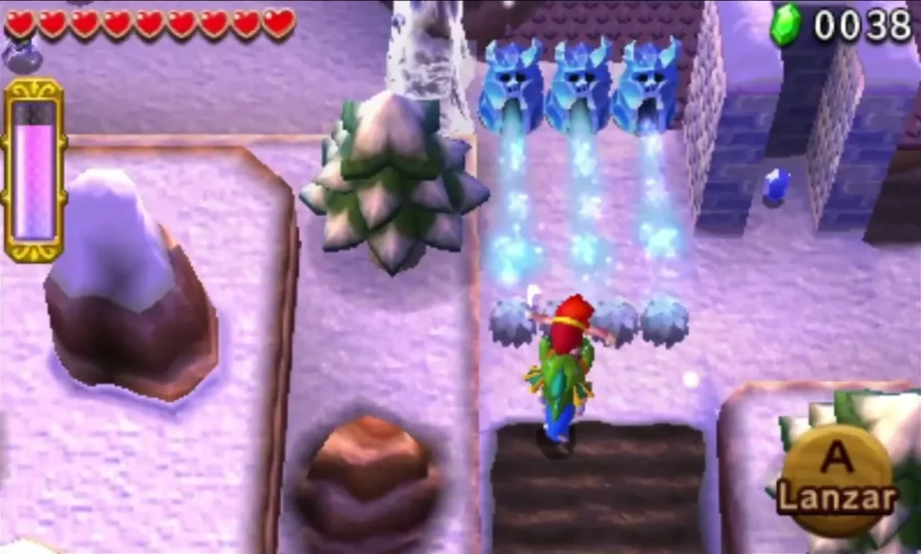 Link faces three blue Freezards in a row near the stone stairs of the Frozen Plateau
