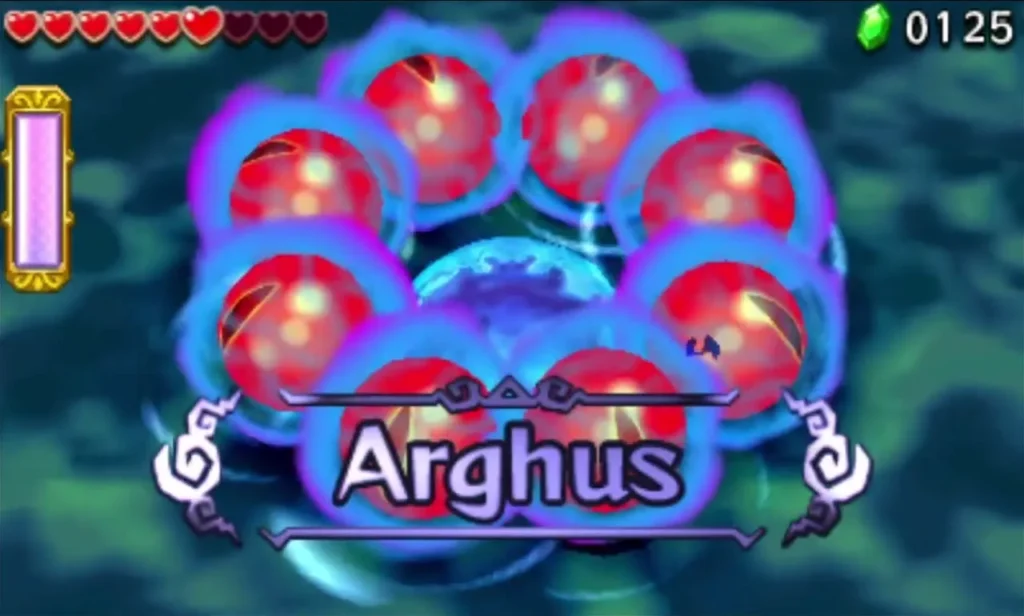 Arrghus boss name banner over its ring of red eyes in the Water Temple pool