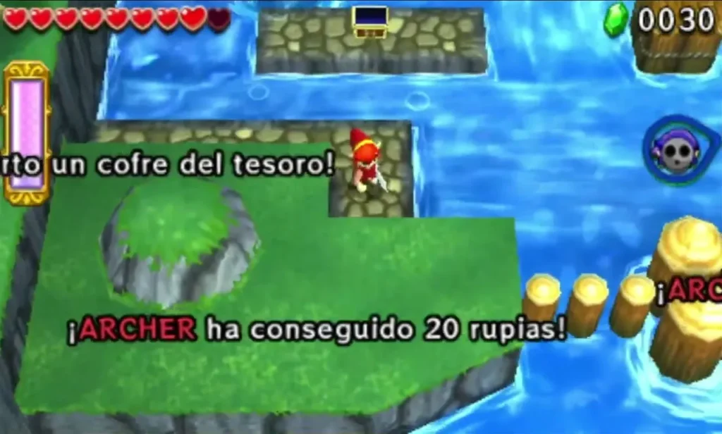 Link on a grassy stone platform in the river, with the box saying he got 20 Rupees from a chest