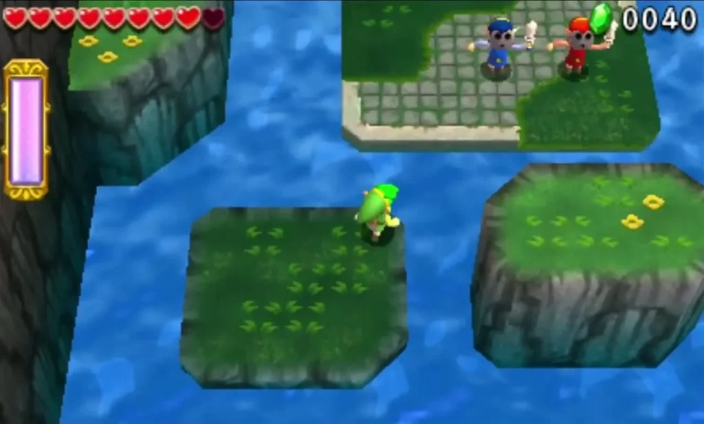 Links crossing grassy islands in the water of Cove of Transition stage 2, with a stone courtyard behind