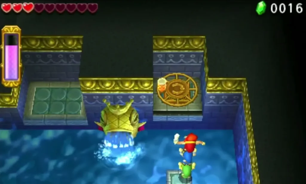 A golden Crank wheel on the north wall above the pool as Link stands below it