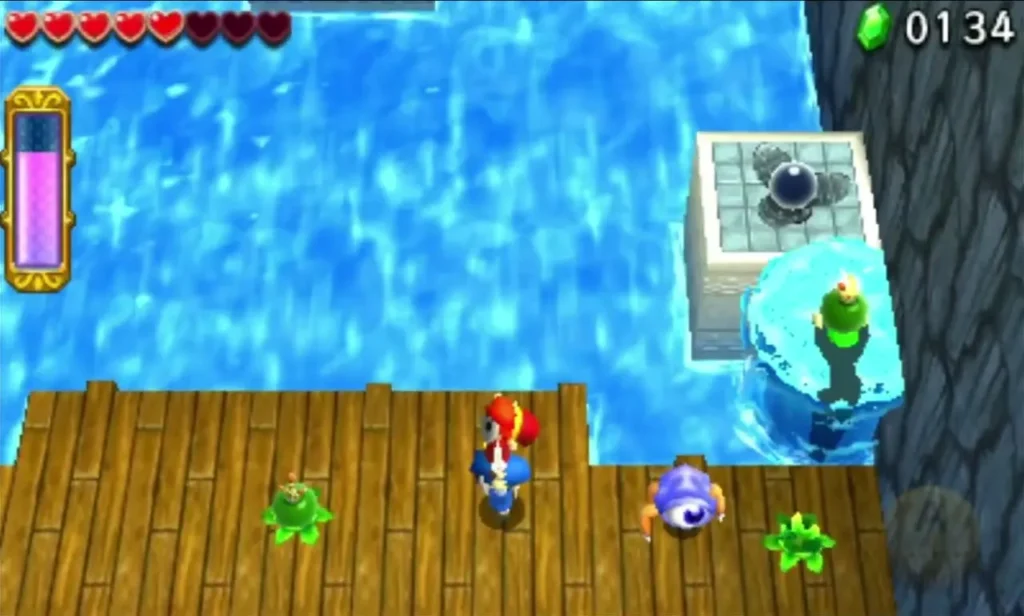 A Link beside a stone pillar on a wooden dock, with enemies crouched on the boards