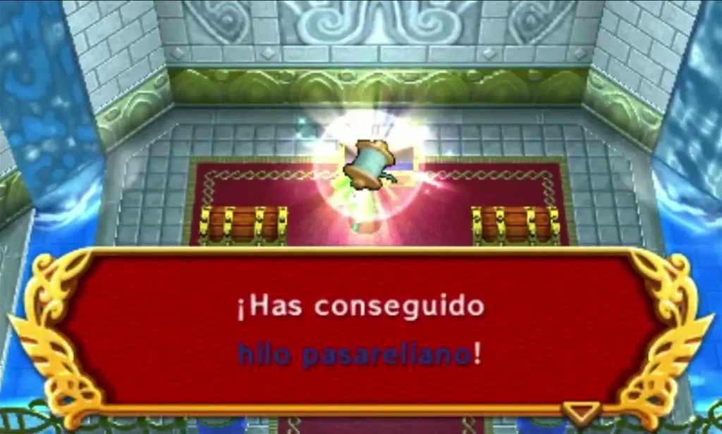 Link in the end chest room holding up an item, with the item box at the bottom
