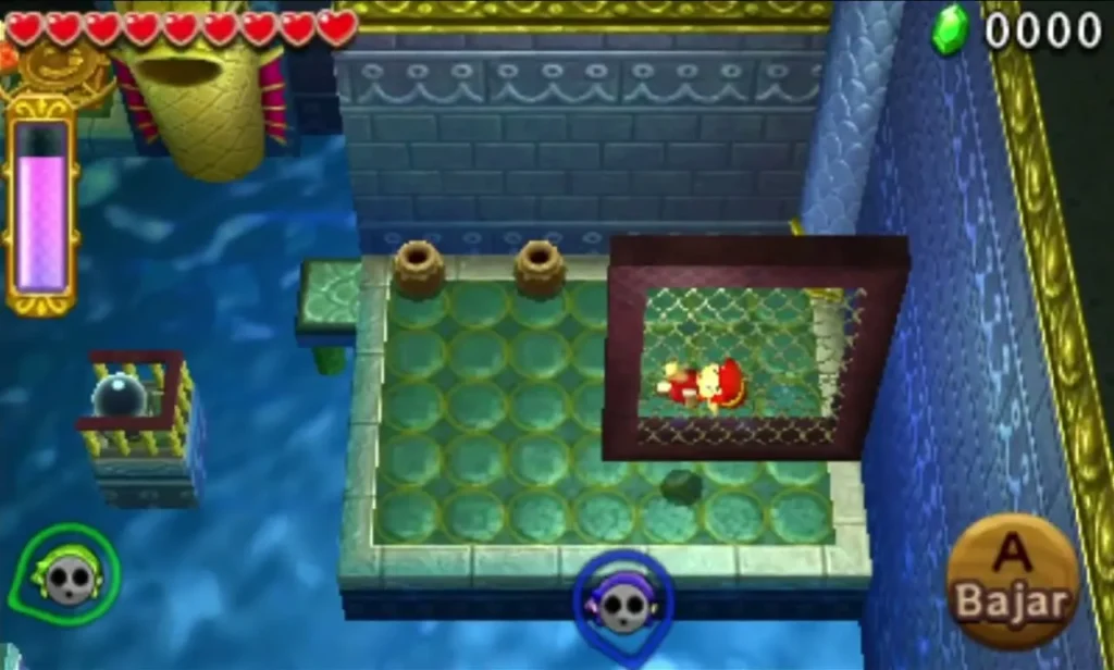 Link on a tiled ledge beside a mesh fence over the Water Temple's pool