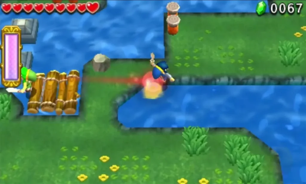 A Gripshot fired across the water toward a wooden raft beside a grassy bank in Stage 3