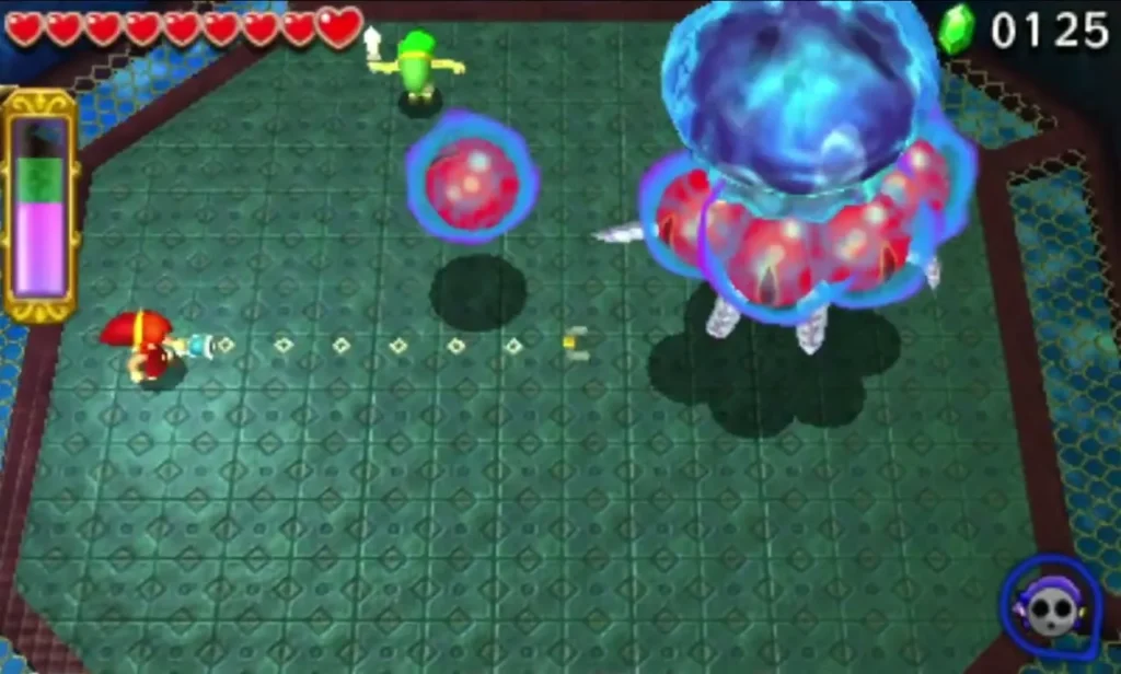 Link on the drained pool floor with a Gripshot line stretching toward a red Arrghus eye