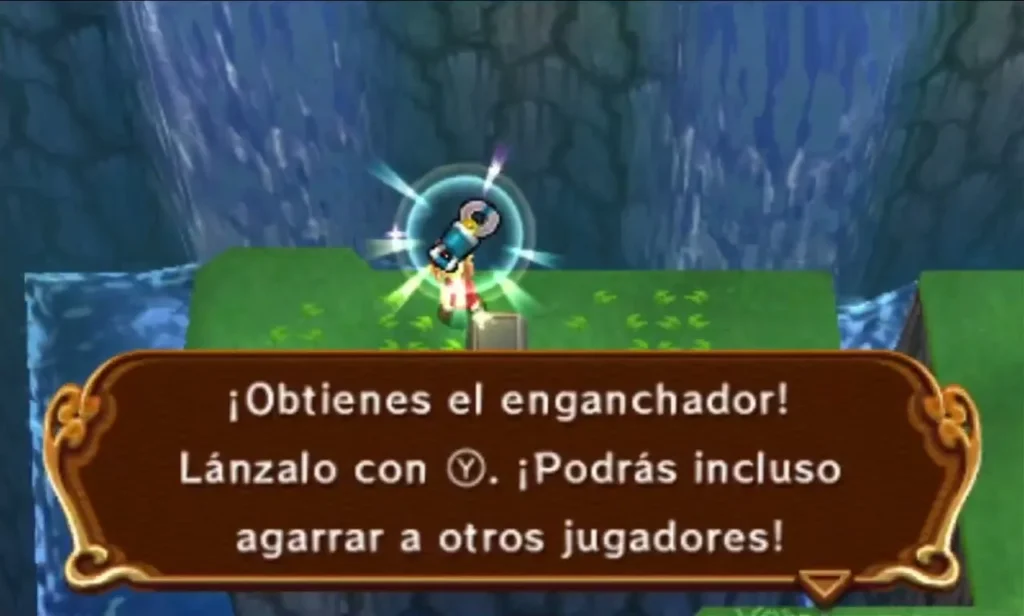 Link holds up the Gripshot after its pickup box in Cove of Transition