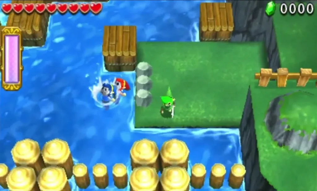 Link swimming in a fast river current beside a grassy bank in Stage 1