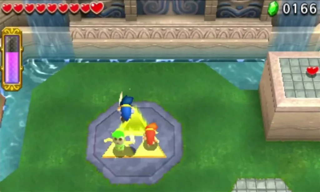 Three Links on the glowing Triforce Gateway platform after the courtyard is cleared