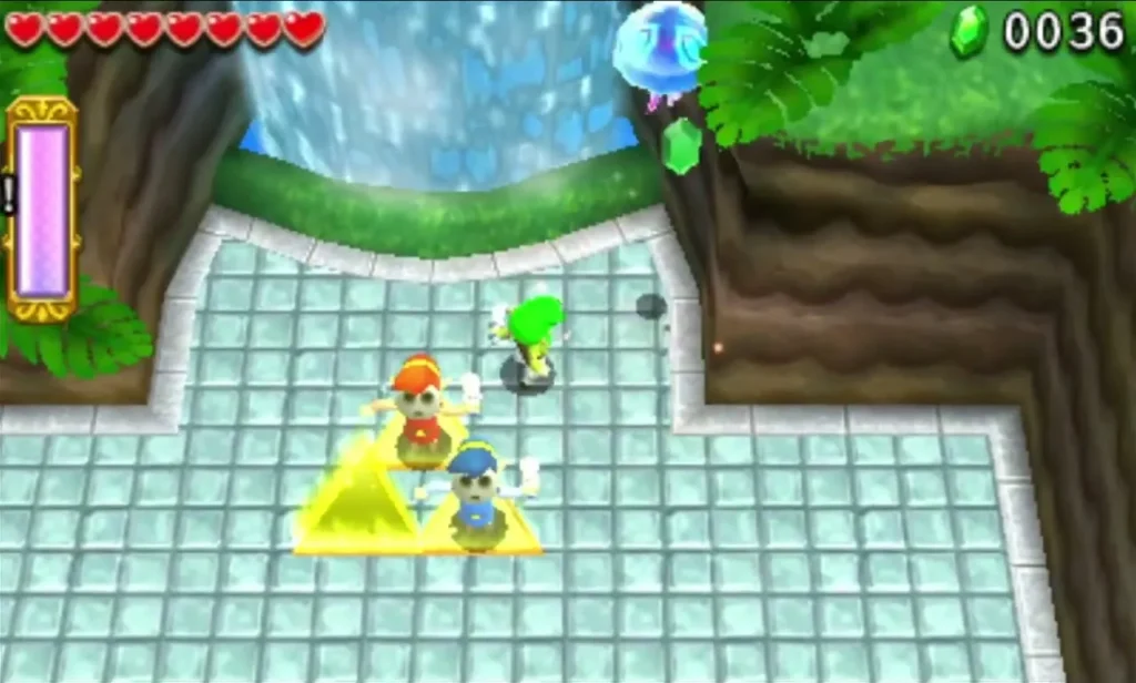 Three Links stand together on the Triforce Gateway at the waterway exit