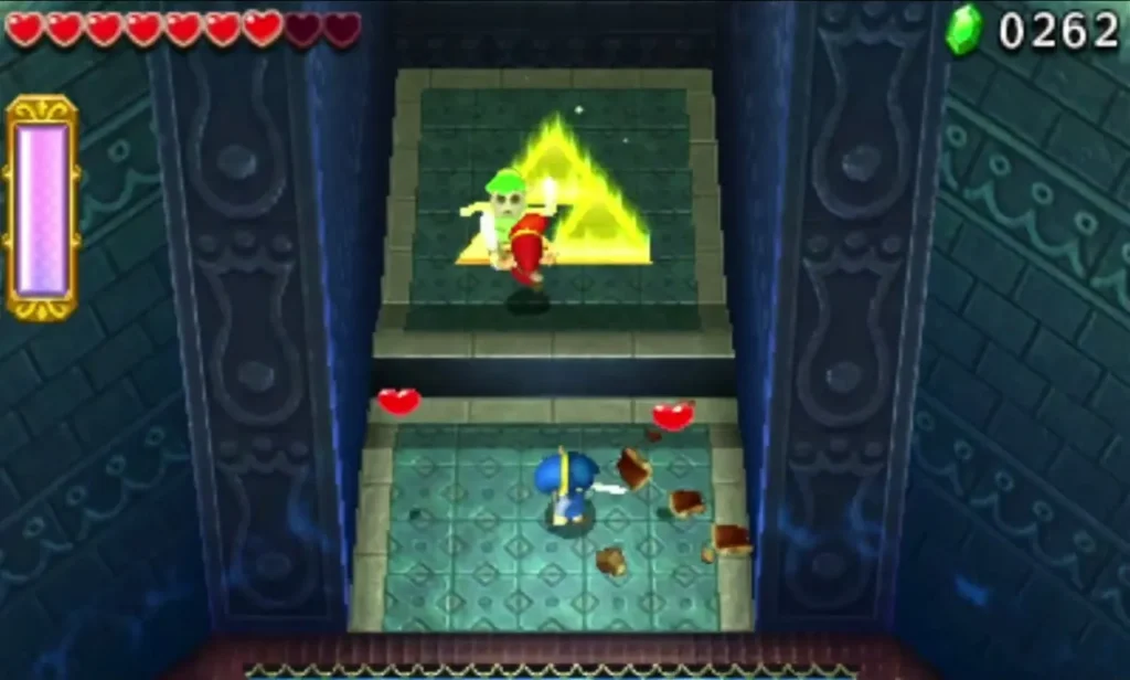 Two Links standing on a golden Triforce pad glowing yellow beyond the north door