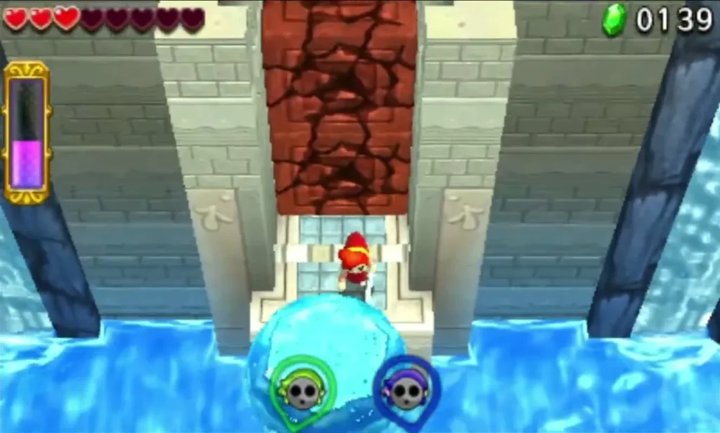 Link on a Water Rod pillar in front of the red Cracked Block gate in the pool