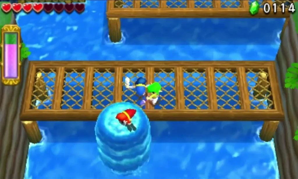 Link on a Water Rod pillar beneath a wooden dock railing over the river