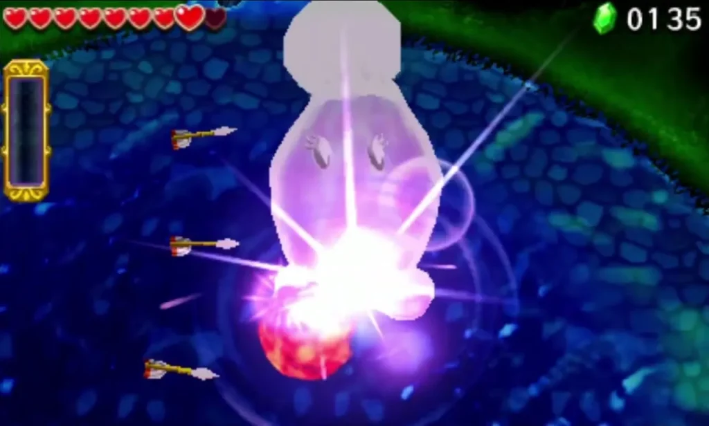 Arrows striking the Electric Blob Queen in a bright burst over the pool