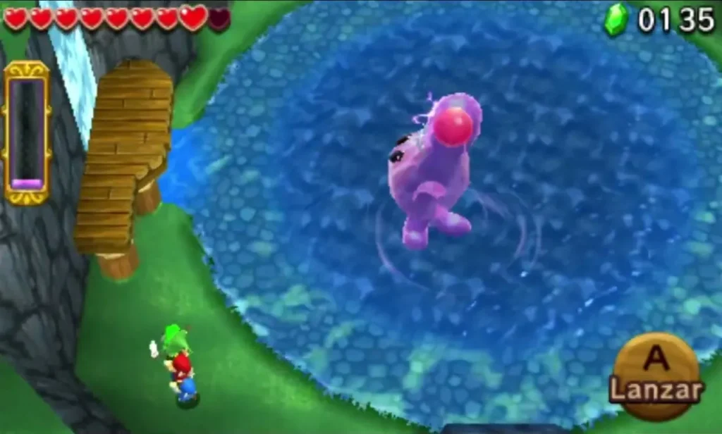 The Electric Blob Queen grown tall in the pool, with Link at the edge