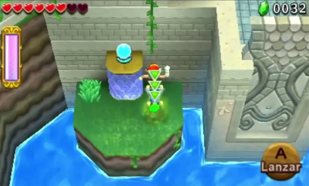 Link stands on a grassy island beside a Shock Switch pedestal in the Secret Fortress lake