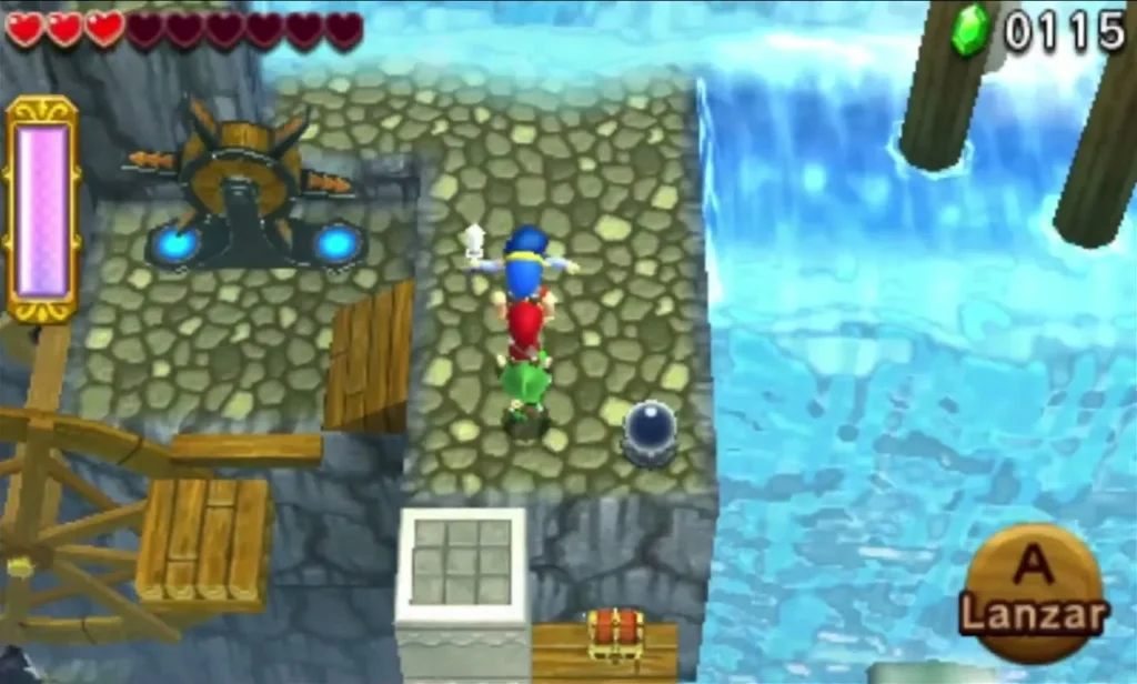 Shock Switches glowing blue on a stone ledge beside a wooden wall in Stage 3