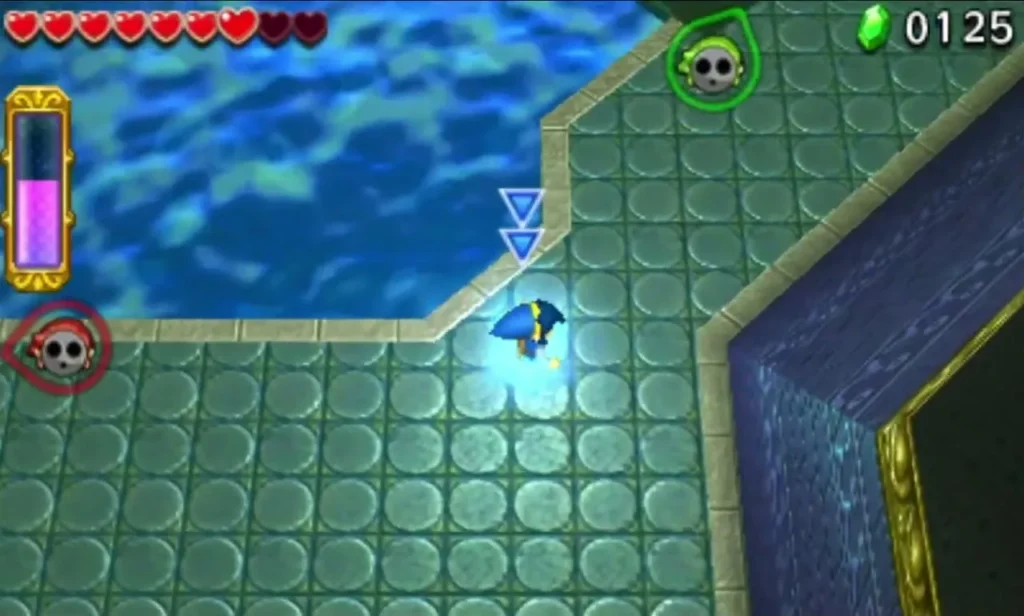 Link on a tiled platform at the edge of the Stage 4 pool, a skull marker and blue arrows nearby